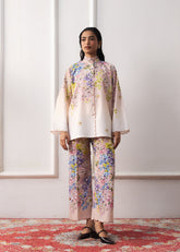 LaRosa Summer Dreams Kathleen printed cotton nightwear set for women, featuring a soft pastel co-ord with floral embroidery and lapel collar.